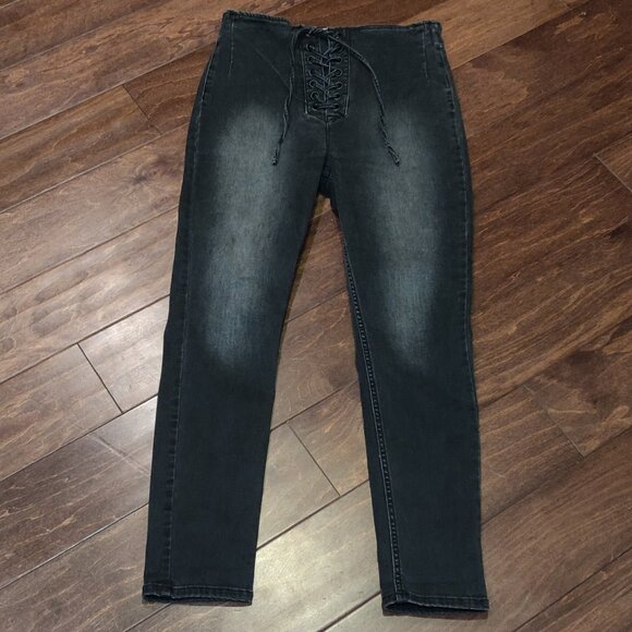 Free People Black Lace Up Front High Rise Skinny Jeans SIZE 30 - Picture 4 of 7